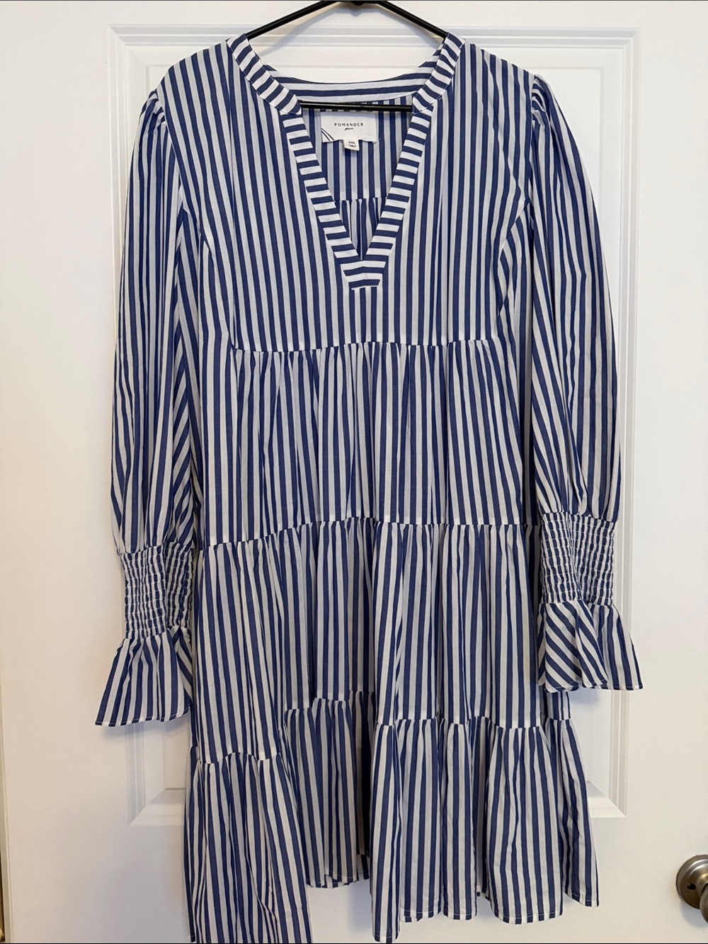 Tuckernuck Navy and White Vertical-Strip Tiered V-Neck Dress